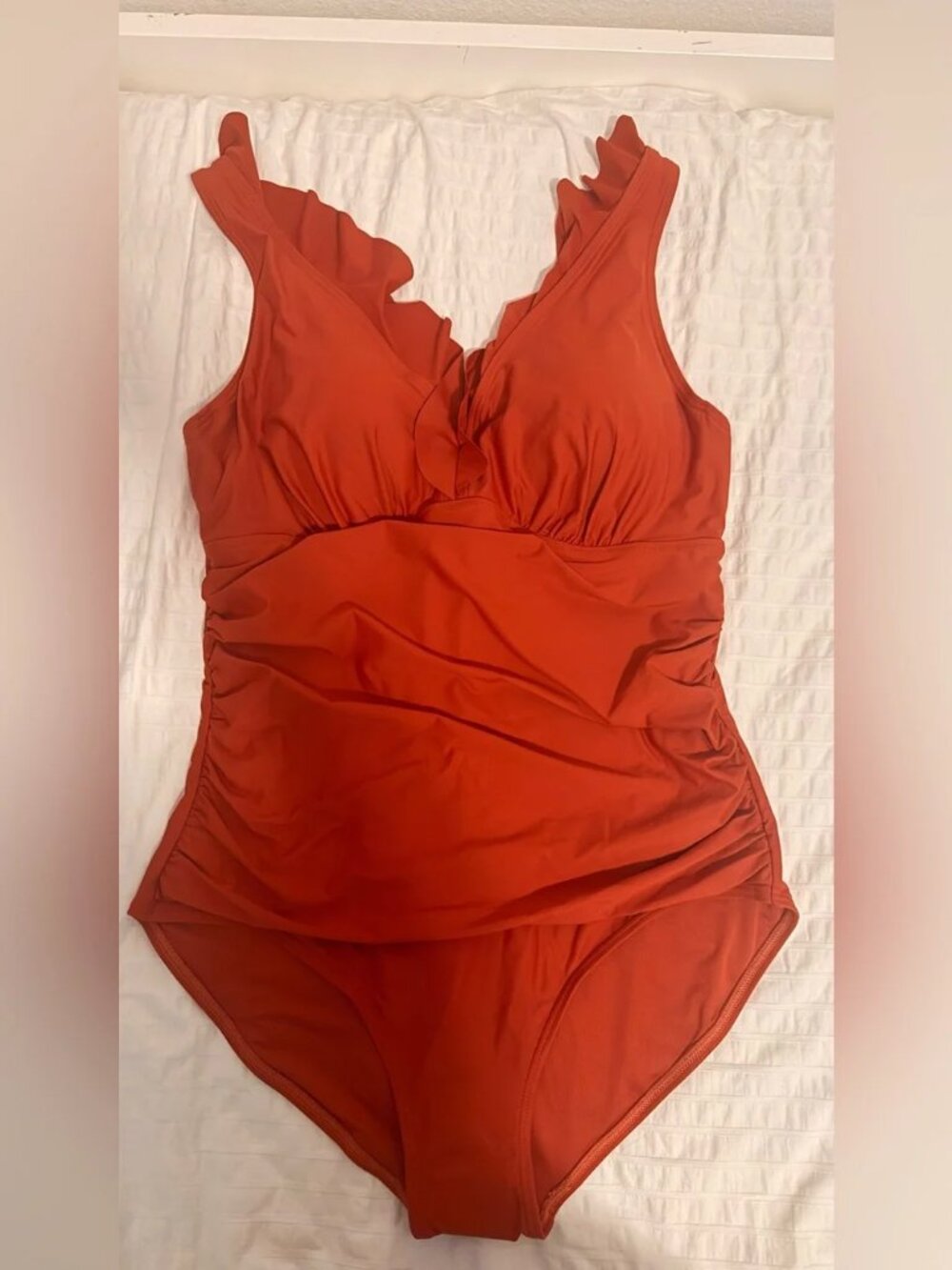DKNY Rust Orange Ruffle One Piece Swimsuit XXL Plus Size Swimwear NWT - Picture 3 of 6